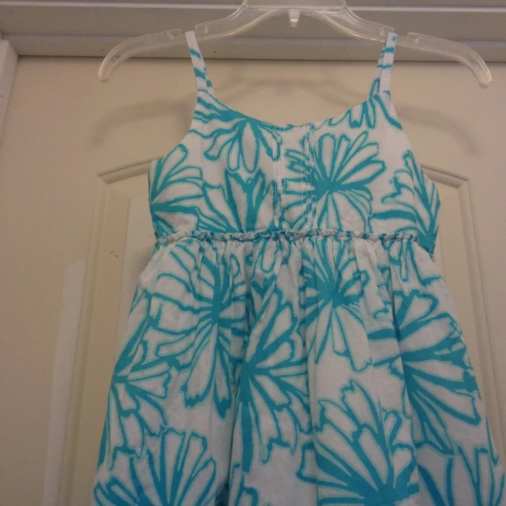 GIRLS GYMBOREE COTTON AQUA & WHITE FLORALS SHEERED SUNDRESS 10